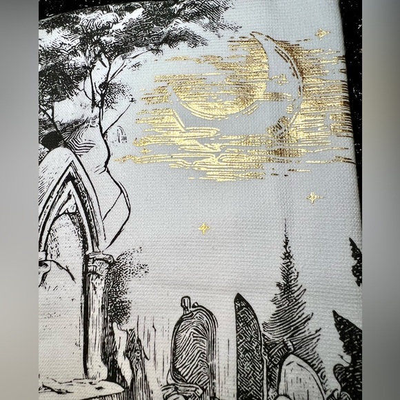 2 Halloween Haunted Graveyard Kitchen Towels Metallic Gold Moon Black Tombstones - Picture 4 of 10